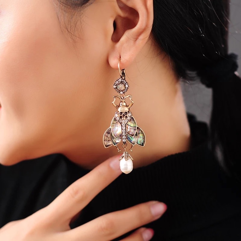 Moth Earrings With Dangling Pearls - Picture 3 of 5